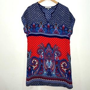 Black Rainn Women's Size Medium Sheath V Neck Cap Sleeves Dress Multi Patterned